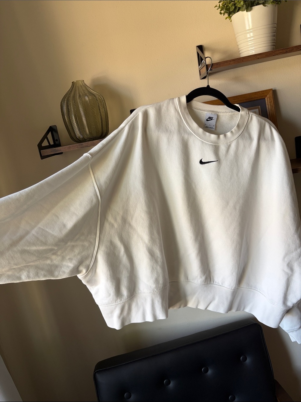 Nike White Crewneck Sweatshirt with Small Black Swoosh - Picture 2 of 5